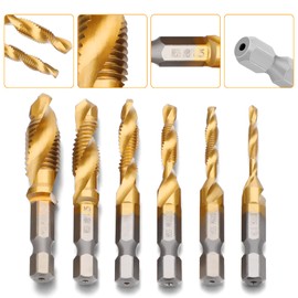 JTENG 6-Piece Combination Tap Bit Set 1/4 Inch HSS M3-M10 Screw Hex Shank Countersink Tools Drill Bit Set Machine Tap Drill Bits Set Stainless Steel HSS
