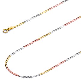 14k REAL Tri Color Gold Solid 1.5mm Figaro 1/1 Open Chain Necklace with Spring Ring Clasp - 20"