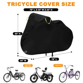 Adult Tricycle Cover Waterproof Outdoor,Electric Trike 3-Wheel Bicycles Storage Covers for eBike Bikes,Durable Anti-UV 420D Polyester Fabric,with Buckle,Reflective Strip Handle-78"Lx34"Wx44"H(Large)