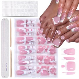 288 Pcs Press On Nails Long Square & Press On Toenails Set,White French Tip Fake Nails Press ons Nail Art Tips Nude Pink Glossy Glue on Nails Reusable Acrylic Nail Kit False Toe Nails