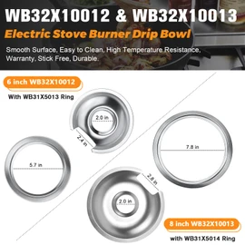 Electric Stove Burner Drip Pan 1 Large 8 Inch WB32X10013 &3 Small 6 Inch WB32X10012 Chrome Drip Pans with 4 Pcs Trim Rings by Blutoget- Fit for GE Hotpoint Stove Drip Pans - 4 Drip Pans &4 Rings