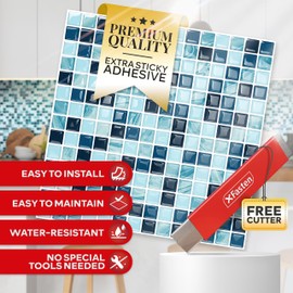 XFasten Square Peel and Stick Backsplash for Kitchen 10pcs 12” x 12” w/Cutter Blue Black Mosaic Kitchen Backsplash Tile Peel and Stick on Self Adhesive Backsplash Tile for Kitchen and Bathroom