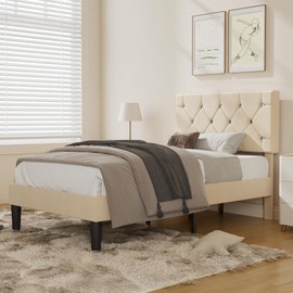 VECELO Twin Size Bed Frame, Upholstered Platform with Adjustable Diamond Tufted Headboard, Wood Slat Support, No Box Spring Needed, Beige