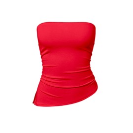 OQQ Womens Tube Tops Strapless Crop Tops Ruched Irregular Sleeveless Going Out 2025 Summer Shirts Red