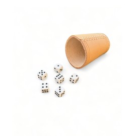 DELALO Dice Cup Made of Genuine Leather with 6 Dice (16 mm), 9 cm, High-Quality for Kniffel, Knobel & Yatzi (Natural)