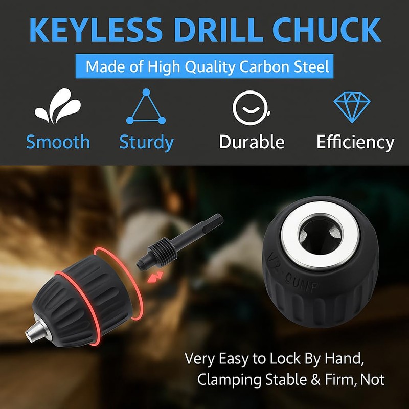 3/8" Keyless Drill Chuck Adapter 0.8-10mm, 1/4-Inch Hex Shank, Capacity