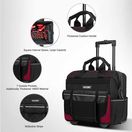 HAUTMEC 14.5" Rolling Tool Bag With Wheels Portable Tool Bag With Adjustable Telescoping Handle Wide Mouth Storage Organizer Perfect Mens Gifts, 600D Red
