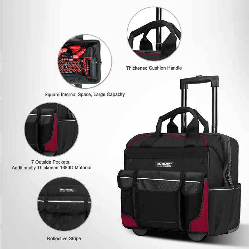 HAUTMEC 14.5" Rolling Tool Bag With Wheels Portable Tool Bag