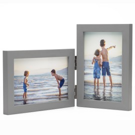 Janreefan Double Horizontal & Vertical 4X6 Picture Frames Hinged Folding Photo Frames in Gray for Wall Hanging or Tabletop Standing, Made of Pine Wood with Real Glass P-H64S46-HUI