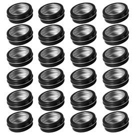 24 Pack 2 Ounce Screw Top Aluminum Tin Jar with Screw Clear Lid and Blank Labels, Refillable 60ml Metal Containers for Lip Balms, Candles, Salves, Spices, Crafts (Black)