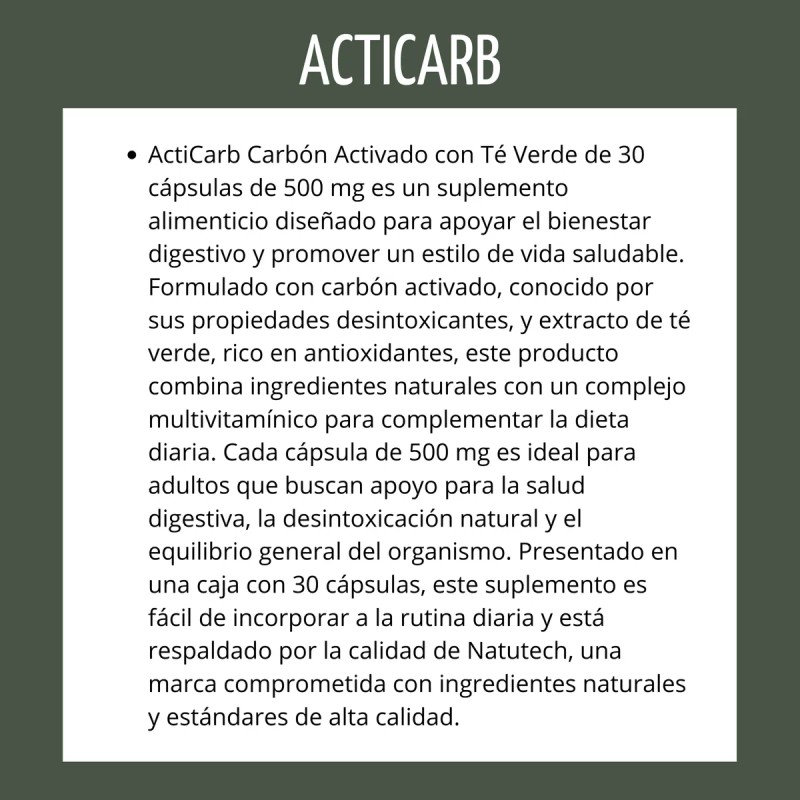 Acticarb Carbn Activado Con T Verde 30 Cap 500 Mg
