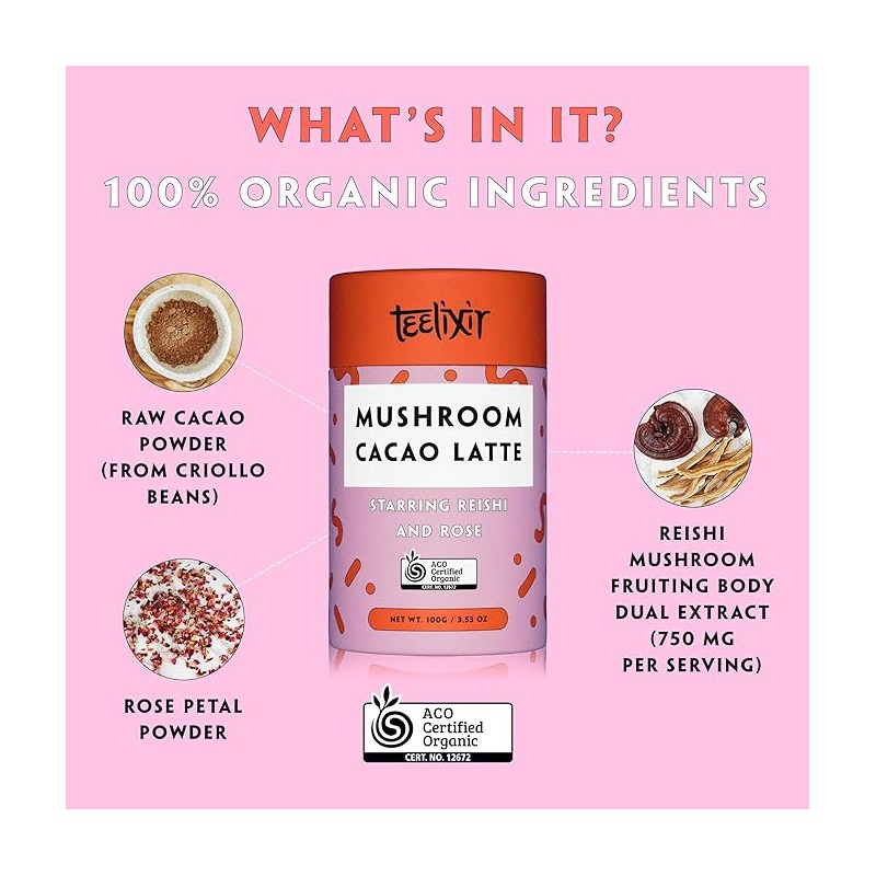 Teelixir Organic Mushroom Cacao Latte (Starring Reishi and Rose) 100g