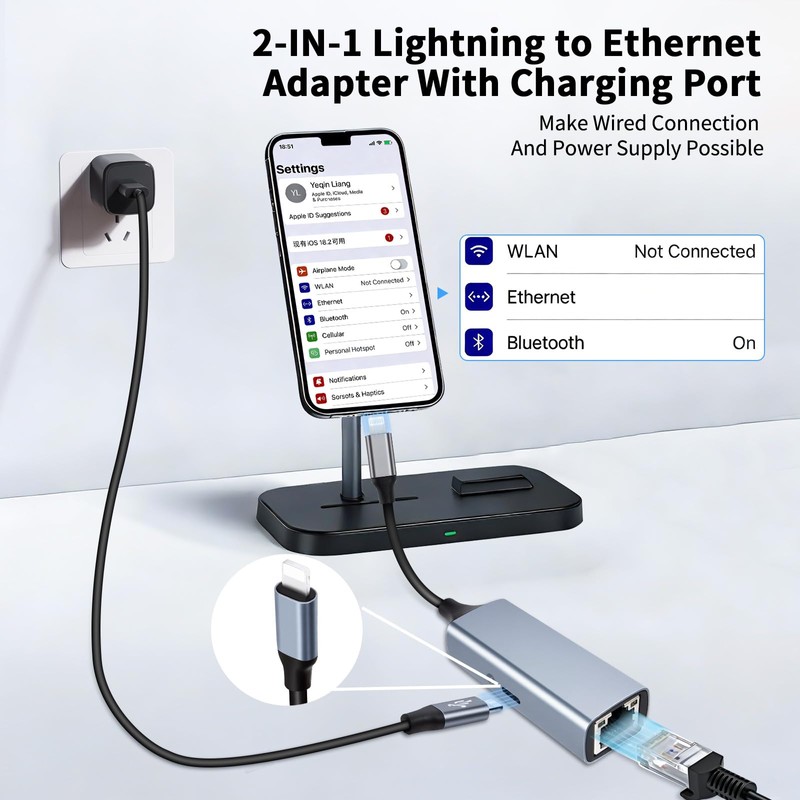 [MFi Certified] Lightning to Ethernet Adapter with Charging Port, 2-in-1