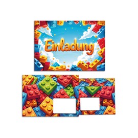 12 Einladungskarten zum Kindergeburtstag Jungen Bausteine Mädchen Kinder coole bunte Einladungen Geburtstag Geburtstagseinladungen Kids inkl. 12 Umschläge, 12 Tüten, 12 Aufkleber