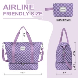 WOOMADA Weekender Bag for Women, Travel Duffel Bags with Shoe Compartment & Wet Pocket, Personal Item Bag for Airlines, Overnight Bag with Toiletry Bag, Sport Gym Tote Bag(lavender checkerboard)