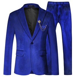 MAGE MALE - Traje de terciopelo de 2 piezas para hombre, con un botón, ajuste delgado, chamarra de lujo para fiesta, cena, chamarra y pantalones, Azul Real, X-Small