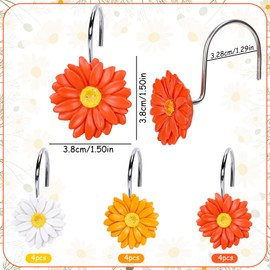Whaline 12Pcs Daisy Flower Shower Curtain Hooks Floral Shower Curtain Rings Decorative Resin Curtain Hanger Hooks for Spring Summer Living Room Bedroom Bathroom Decor