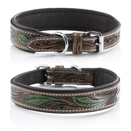 Jack & Russell Unique Leather Dog Collar, Hand Carved & Padded, Buffalo Leather Collar, Brown / Dark Green Hailey (XL (48.0-58.0 cm))