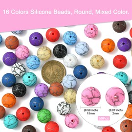 Ornazy 50 pcs Random 15mm Silicone Round Beads Stone Patterned Gumball Beads Colorful Chunky Bubblegum Beads for Necklace Bracelet Crafts Supplies