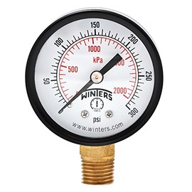 Winters PEM Series Steel Dual Scale Economical All Purpose Pressure Gauge with Brass Internals, 0-300 psi/kpa, 2" Dial Display, -3-2-3% Accuracy, 1/4" NPT Bottom Mount