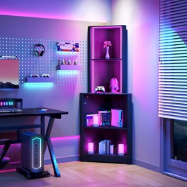 YITAHOME Corner Shelf Stand with Led Light, 5 Tier Corner Bookshelf and Bookcase, Wooden Open Corner Cabinet Display Storage Rack for Bedroom,Living Room, Dining Room, Home Office, Kitchen, Black