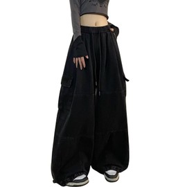 PEAINJ Baggy Cargo Pants for Women Men Y2k Wide Leg Sweatpants High Waisted Drawstring Pants Hip Hop Clothes Black-XS