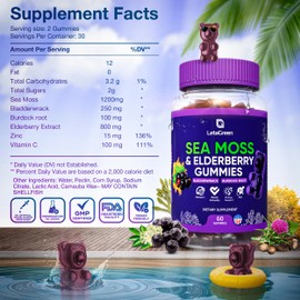 LetaGreen Irish Sea Moss Gummies – Sea Moss 1200mg Bladderwrack 250mg Burdock 100mg Elderberry 800mg – 60 Vegan Seamoss Gummies Bears – Elderberry Gummies for Kids & Adults with Vitamin C & Zinc