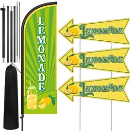 Hahafelt 3 Pcs Lemonade Shop Arrow Sign 1 Pcs 7 ft Lemonade Flag with Pole Kit Summer Yard Sign with Metal Stakes Feather Windless Swooper Stand Supplies Decorations for Outdoor Business Advertising