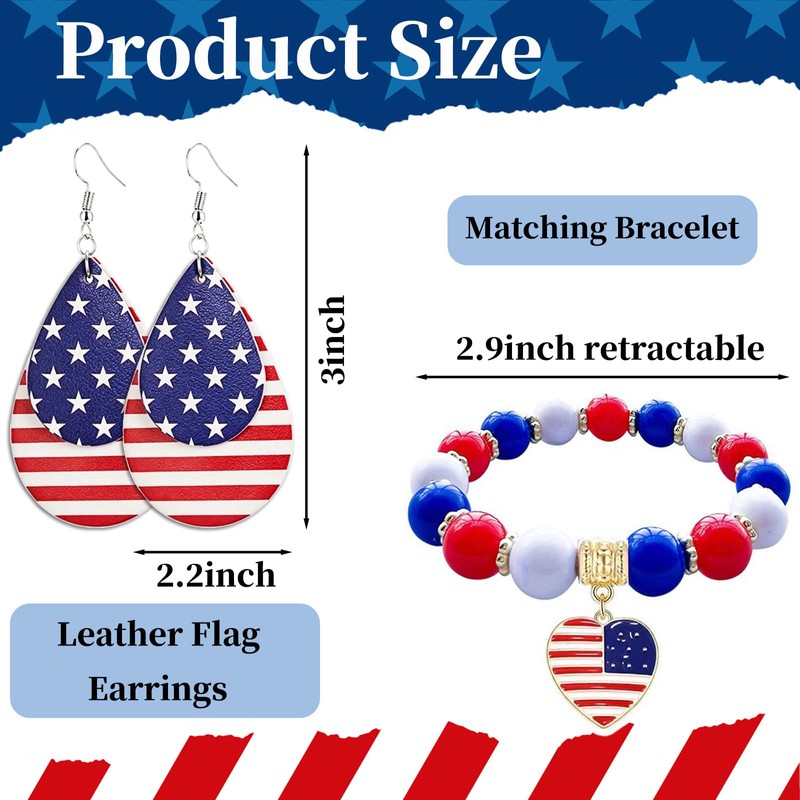 Patriotic 4th of July Flag Earrings Bracelet Set for Women