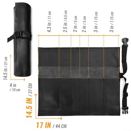 Under NY Sky Genuine Leather Knife Roll Case - 6 Slots - Real Leather Pouch - Portable Bag for Cooking Tools, Utensils, Cutlery Knives, Brushes - Chefs, Kitchen, Travel, Gift - Black