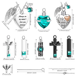 9 Pcs Heart Cross Cubic Urn Necklace for Ashes Keepsake Cremation Jewelry Stainless Steel Necklace Crystal Memorial Pendant Heart Locket Ashes Jewelry for Women Men Loved Ones, 9 Styles(Light Green)
