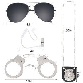 4 Pcs Detective Costume Accessories Set, Detective Role Play Dress Up, Detective Cosplay Prop, Spy Agent Costume Accessories - Sunglasses, Ear Piece, Badge, and Handcuffs Black