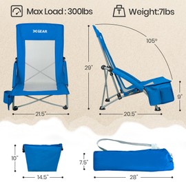 XGEAR Beach Chair Sturdy Beach Chairs for Adults with Cooler Bag, High Back Camping Chair with Side Pocket, Cup Holder & Carry Bag, for Outdoor Sand-Blue