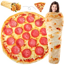 Hahafelt 2 Pcs Novelty Blanket 1 Pizza Blanket 1 Burritos Tortilla Throw Blanket 230 GSM Funny Realistic Food Sausage Blanket Flannel Round Blankets for Adult Teen Boys and Girl Gifts(71 Inches)