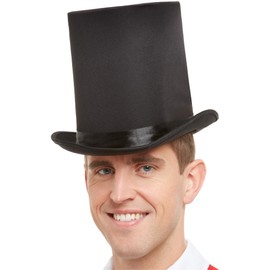 Smiffys Deluxe Top Hat, Black with Elastic Inner Rim, Circus Fancy Dress, Adult Dress Up Hats