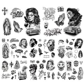 Los Vatos Chicano Bundle - 8 Sheets / 74 Designs - Cholo Chola Temporary Tattoos - Payasa, Lowrider, Virgin Mary, Prayer, Cross, Chicana, Gangster, Fake Tattoo, Día de Muertos, Tatuajes Temporales