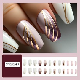 RTKHFZE Press on Nails Medium Coffin Fake Nails Pink White Full Cover Acrylic False Nails with Purple Gradient and Gold Swirl Designs Acrylic Nails False Nails with Glue Stick on Nails for Women