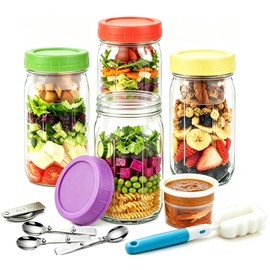 4 Pack 32oz Glass Salad Jars with 4 Lids,1 Cleaning Brush,4 Foldable Spoons