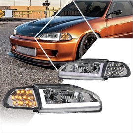Compatible with Honda Civic 2/3-Dr 92-95 Headlight Assembly,LED DRL+Turn Signal,Chrome Housing Clear Corner