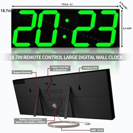 CHKOSDA 18.7in Large Digital Wall Clock,LED Digital Clock whih Big Number,Multi-Function Remote Controlled Wall Clock with Timer, Alarm and Calendar Display(Green)