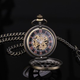 SIBOSUN Skeleton Pocket Watch Special 12 Little Window Case Design Men Bronze Mechanical with Chain Box