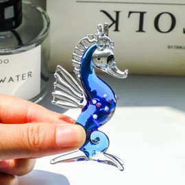 JATYFING 3-Inch Mini Glass Seahorse Figurine - Handcrafted Ocean-Themed Decor, Unique Desk Ornament, for Collectors, Beach Lovers, Home Decor (Blue)