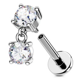 OUFER 16G Dangle Helix Stud Internally Threaded Tragus Piercing Stainless Steel 316L Cartilage Ring Clear CZ Flat Back Earring 6 mm Conch Lobe Earring For Women