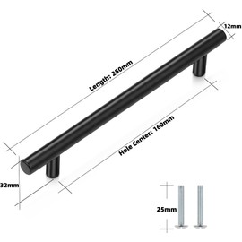 5 Pack Kitchen Cupboard Handles Stainless Steel Kitchen Door Handles Brushed Cabinet Handles Wardrobe Drawer (5 Pack Black, Hole Centre 160mm)