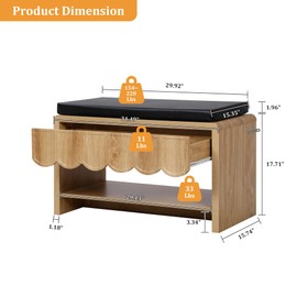 Shoe Storage Bench with Cushion, Shoe Rack Organizer Cabinet Bench with Wave Panel Drawer and Open Shelf for Entryway, Hallway, Living Room (Natural)