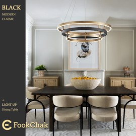 FookChak LED 3-Ring Dimmabel Chandelier Modern Black & Gold Chandelier Light Fixture Round Entry Foyer Chandeliers Lighting for Dining Room Living Room Bedroom Office 24in