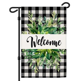 Black Plaid Welcome Linen Garden Flag,12x18 Inch Red Heart Eucalyptus Leaves Banner Decor,1x1.5 FT Digitial Double-Printed Durable 300D Thick Decorations For Farmhouse Yard Outdoor