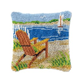 Beach Seaside Chair Latch Hook Kits Throw Pillow Kits for Beginner Pillowcase Cross Stitch Latch Hook Cushion Cover DIY Pillows with Preprinted Canvas Crochet Yarn Kits 17'' X 17''