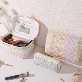 Anfly 3PCS Quilted Makeup Bag, Cotton Makeup Bag Set, Cute Color Clash Quilted Cosmetic Bag for Women, Large Travel Cosmetic Organizer, Makeup Organize