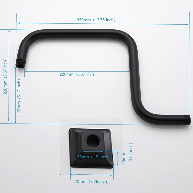 SEABEFORE 13" Gooseneck (S-Shape) Shower Arm Black Shower Head Extension